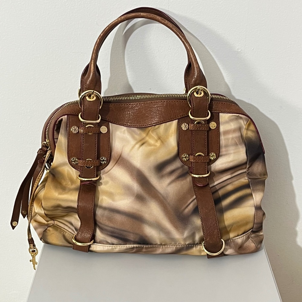 MZ Wallace Brown Marble Nylon Leather Trim Crossbody Satchel